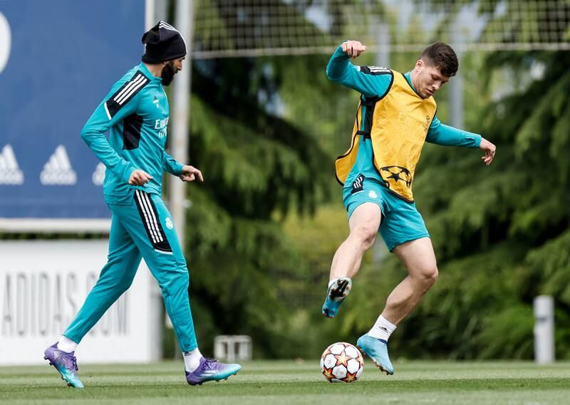 Luka Jovic and Benzema during Real Madrid's training session on Tuesday. Getty