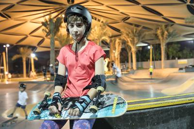 DUBAI, UNITED ARAB EMIRATES. 12 October 2017.  Skater girl article. A groth in girls taking up wheeled extreme sports has been noticed at the X Dubai Skate Park next to Kite Beach. Alize Alice (Turkey 11) with her skateboard. (Photo: Antonie Robertson/The National) Journalist: Nick Webster. Section: National.