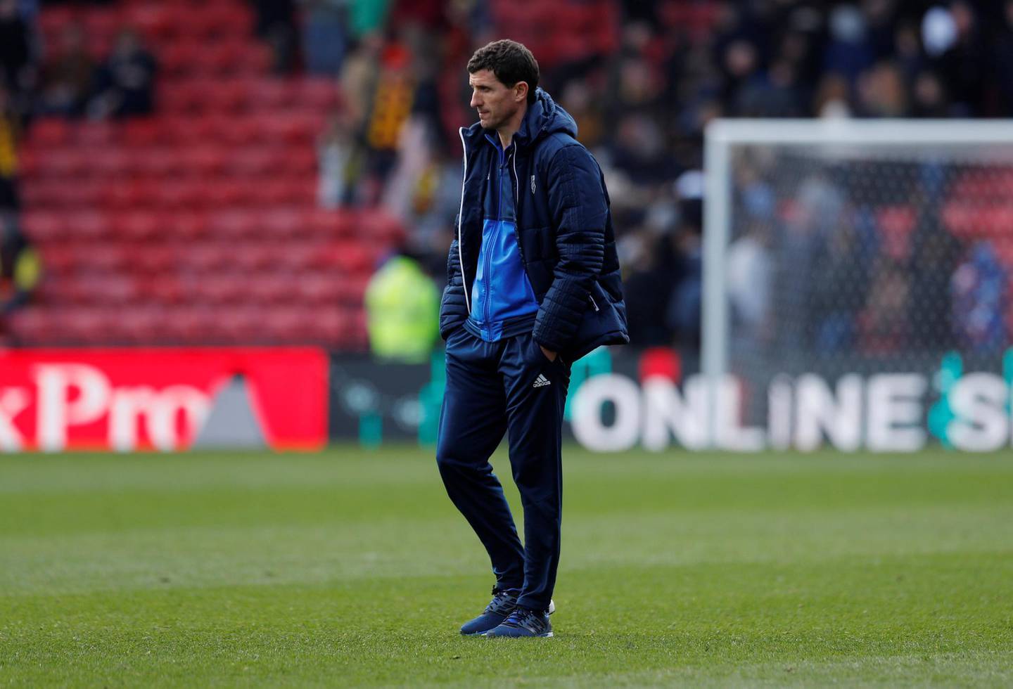 Soccer Football - Premier League - Watford vs Burnley - Vicarage Road, Watford, Britain - April 7, 2018   Watford manager Javi Gracia looks dejected after the match    Action Images via Reuters/Andrew Couldridge    EDITORIAL USE ONLY. No use with unauthorized audio, video, data, fixture lists, club/league logos or "live" services. Online in-match use limited to 75 images, no video emulation. No use in betting, games or single club/league/player publications.  Please contact your account representative for further details.
