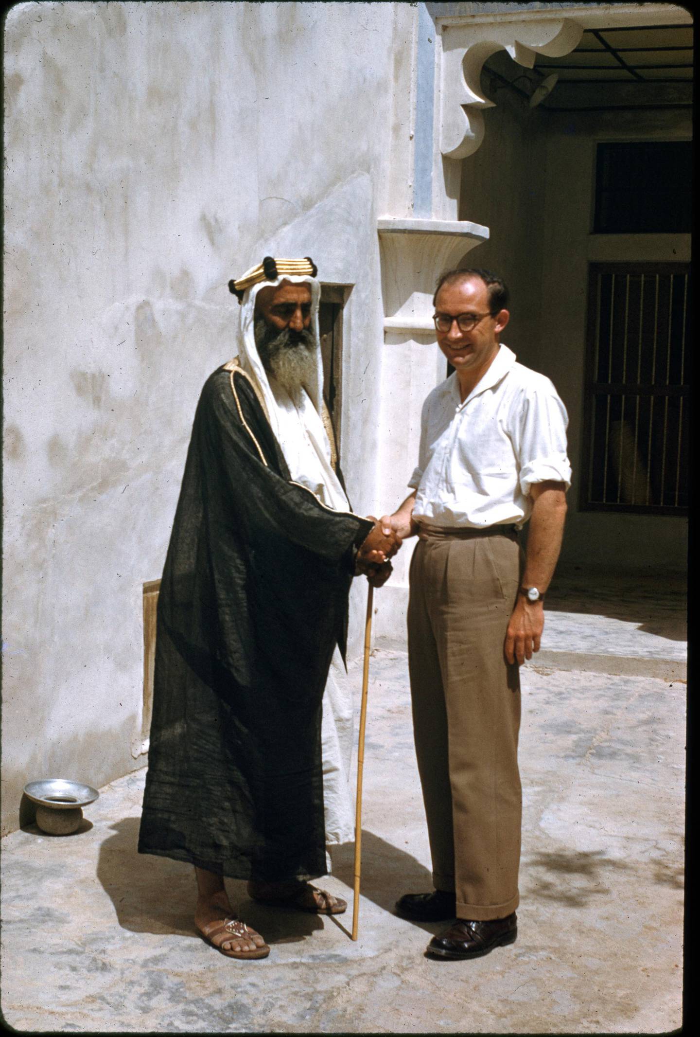JB Kelly with the Ruler of Ajman, Sheikh Rashid bin Humaid Al Nuaimi, at around 1957. Courtesy JB Kelly Collection / NYUAD Library