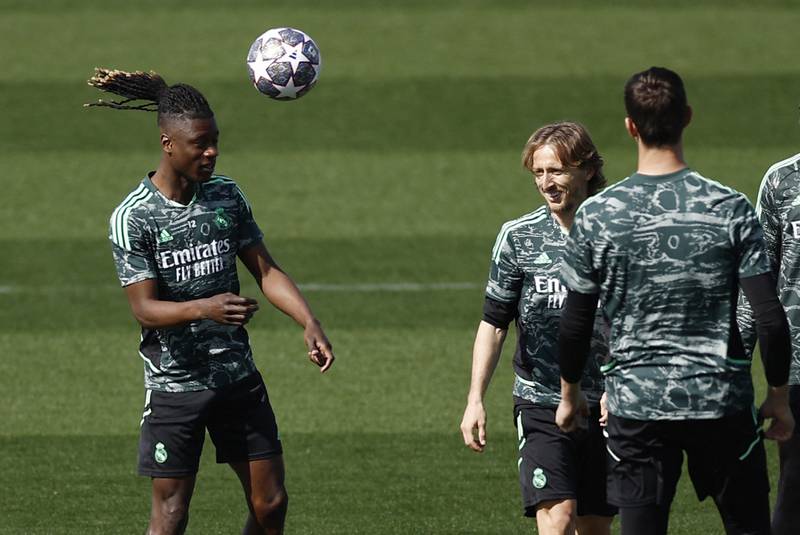 Real Madrid's Eduardo Camavinga and Luka Modric during training. Reuters