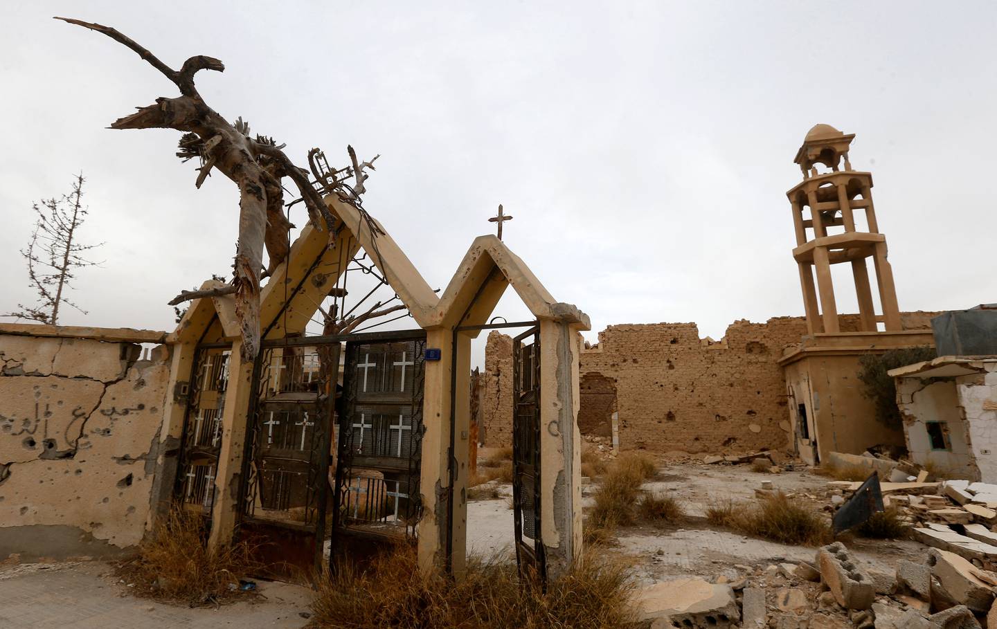The ruins of the Monastery of St Elian in Al Qaryatain, which was razed by ISIS extremists. 