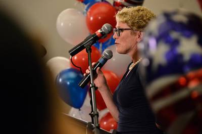 Democrat Chrissy Houlahan declares victory at her election night headquarters in Phoenixville, Pennsylvania. EPA