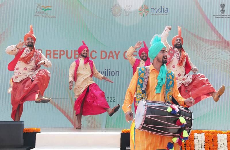 Artists perform cultural dances during the Republic Day celebrations at the Expo site in Dubai. Pawan Singh / The National