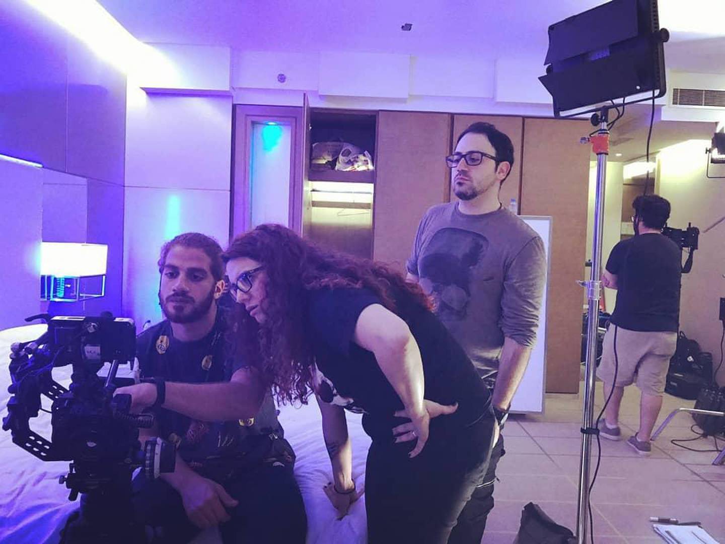 Razan Takash on set of her short film 'M1das' with producer Nechteh Apelian and director of photography Mohammad Omar. Razan Takash 