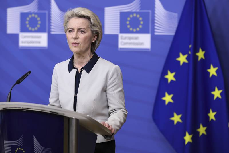 European Commission President Ursula von der Leyen gives a statement  on Ukraine at the EU headquarters in Brussels. AP