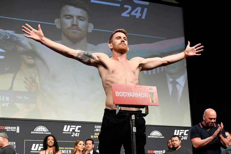 ANAHEIM, CALIFORNIA - AUGUST 16:  Cory Sandhagen poses on the scale during the UFC 241 weigh-in at the Anaheim Convention Center on August 16, 2019 in Las Vegas, Nevada. (Photo by Mike Roach/Zuffa LLC/Zuffa LLC via Getty Images)