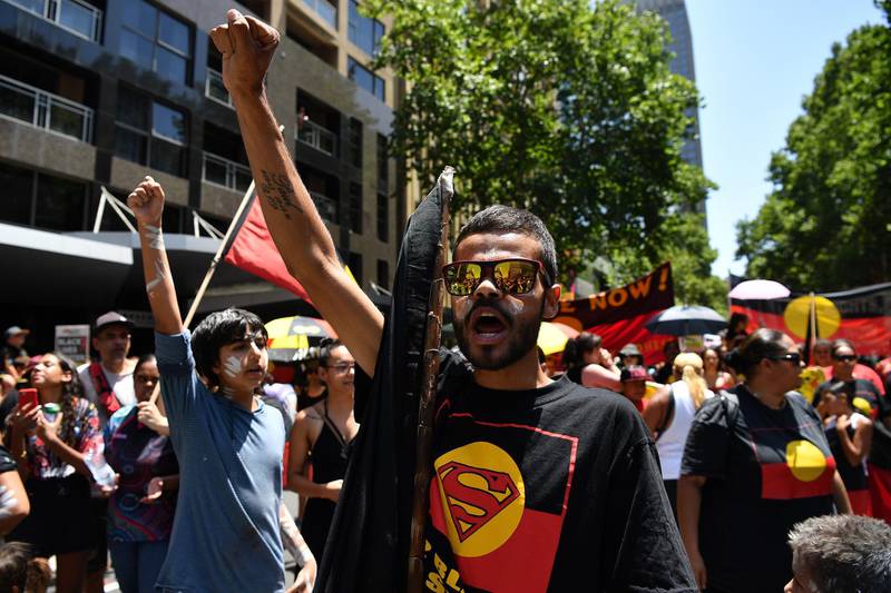Protestors take part in an 'Invasion Day' Rally on Australia Day in Sydney, Australia. EPA