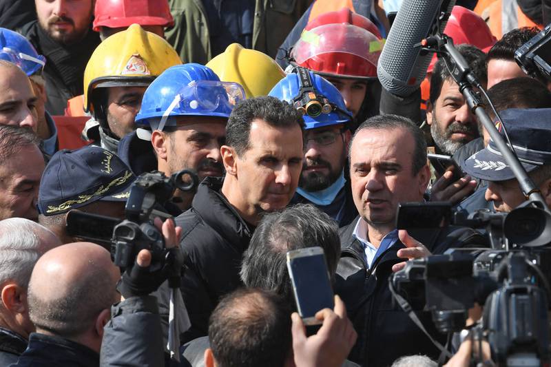 Syrian President Bashar Al Assad visits neighbourhoods affected by the earthquake in Aleppo this week. AFP