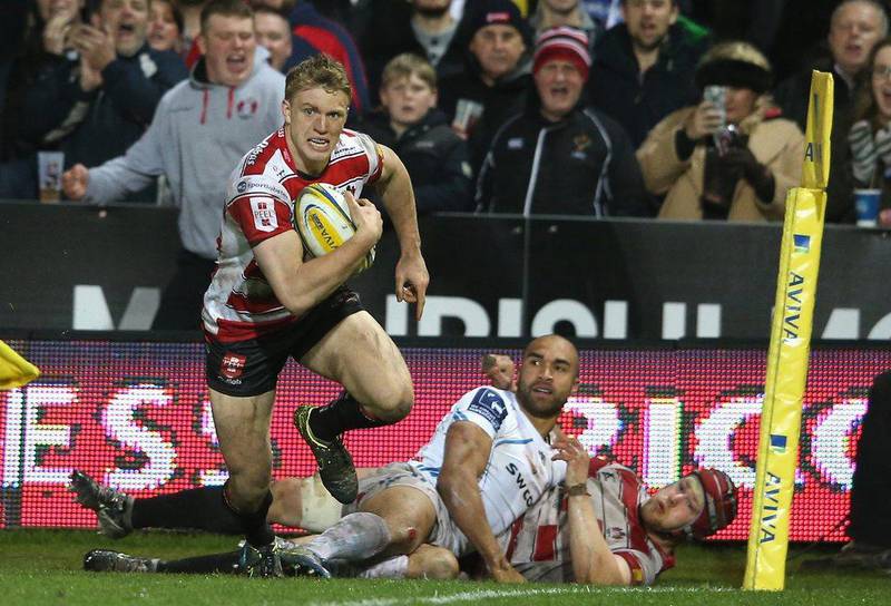 Ollie Thorley of Gloucester breaks clear to score the first try against Exeter Chiefs in his team's Premiership win on Friday night. David Rogers / Getty Images / April 15, 2016