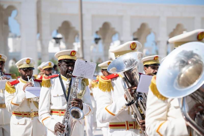 The UAE Armed Forces military band performs as the country's guard of honour prepares to receive Mr Berdimuhamedow. Photo: UAE Presidential Court