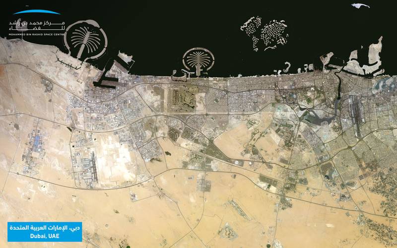 Satellite imagery shows Dubai's Palm Jumeirah, World Islands and Palm Deira. Courtesy: Mbrsc