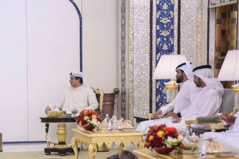 Sheikh Mansour bin Zayed, Deputy Prime Minister and Minister of the Presidential Court, left, and Sheikh Nasser bin Hamad, second left, at the meeting.

