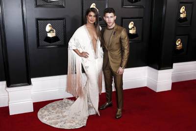 epa08168479 Nick Jonas and Priyanka Chopra arrive for the 62nd annual Grammy Awards ceremony at the Staples Center in Los Angeles, California, USA, 26 January 2020.  EPA-EFE/ETIENNE LAURENT