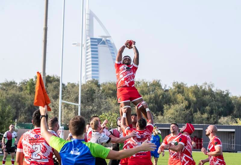 Samuel Tau of Dubai Tigers catches the ball from a line-out.