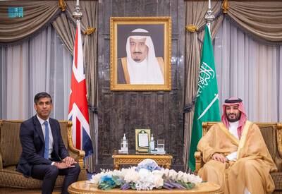 British Prime Minister Rishi Sunak meets Saudi Crown Prince, Mohammed bin Salman in Riyadh, Saudi Arabia. SPA
