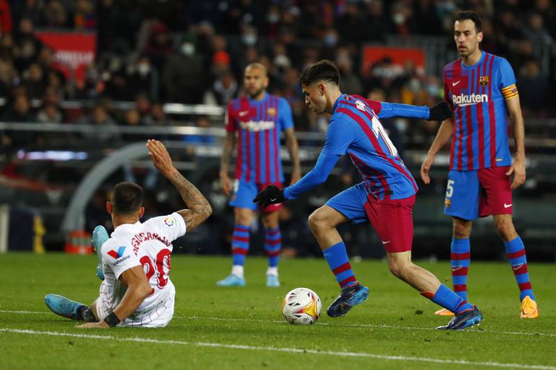 Pedri controls the ball before scoring the opening goal for Barcelona. AP