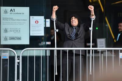 Al Noor Mosque shooting survivor Taj Mohammad Kamra celebrates as he leaves Christchurch High Court following the sentencing of Brenton Tarrant in Christchurch, New Zealand. Getty Images