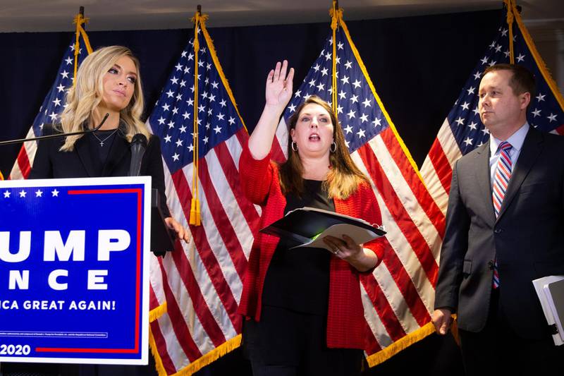 White House Press Secretary Kayleigh McEnany, Chairwoman of the Republican National Committee Ronna McDaniel and Trump campaign general counsel Matt Morgan hold a news conference at the Republican National Committee headquarters in Washington, DC. EPA