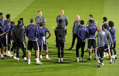 ABU DHABI , UNITED ARAB EMIRATES , January 2 – 2019 :-  Alberto Zaccheroni , coach of UAE football team ( center right ) talking to players during the training session ahead of AFC Asian Cup UAE 2019 held at New York University in Abu Dhabi. ( Pawan Singh / The National ) For Sports