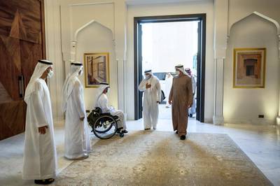 ABU DHABI, UNITED ARAB EMIRATES - May 10, 2021: HRH Prince Salman Bin Hamad Bin Isa Al Khalifah Crown Prince and First Deputy Supreme Commander of Bahrain (C) greets HH Sheikh Zayed bin Hamdan bin Zayed Al Nahyan (3rd L), prior to a meeting at Al Shati Palace with HH Sheikh Mohamed bin Zayed Al Nahyan, Crown Prince of Abu Dhabi and Deputy Supreme Commander of the UAE Armed Forces (R). Seen with HH Sheikh Mohamed bin Hamad bin Tahnoon Al Nahyan (L) and HH Sheikh Hamdan bin Mohamed bin Zayed Al Nahyan  (2nd L).


( Hamad Al Kaabi / Ministry of Presidential Affairs )​
---