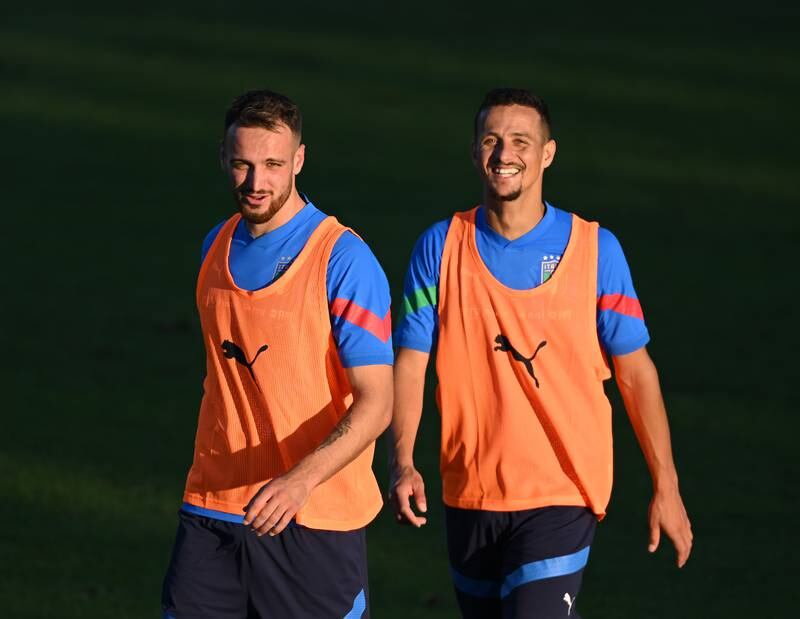 Federico Gatti and Luiz Felipe during Italy's training session at the Coverciano training centre. Getty