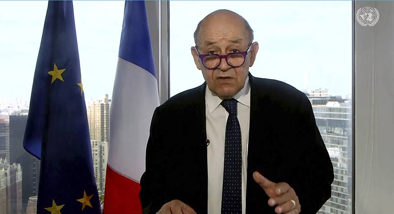 France's Foreign Minister Jean-Yves Le Drian addresses the 76th session of UN General Assembly, in a recorded message. Photo: UNTV