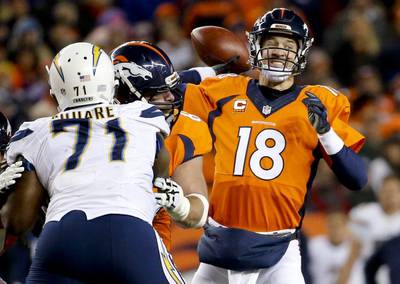 Denver Broncos quarterback Peyton Manning, right, passes against the San Diego Chargers during the second half in an NFL football game, Sunday, Jan. 3, 2016, in Denver. (AP Photo/Jack Dempsey)