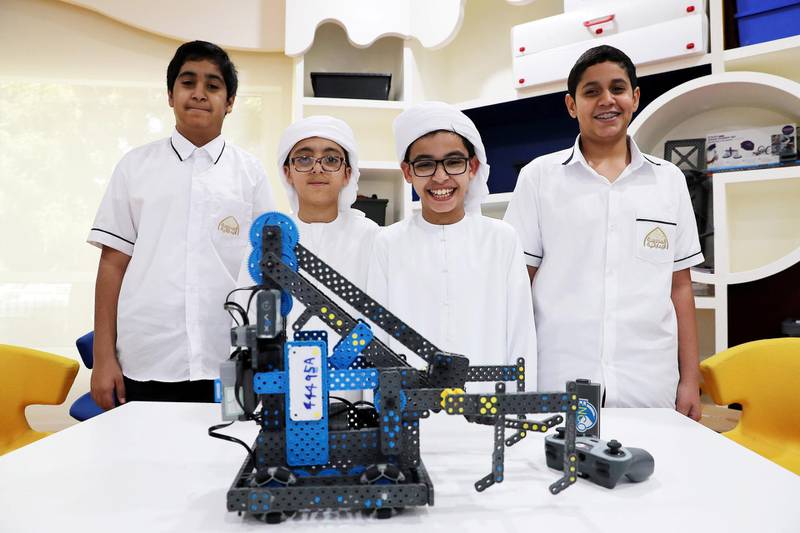 DUBAI ,  UNITED ARAB EMIRATES , SEPTEMBER 17 – 2019 :- Left to Right - Abdullah Salem Almur , Marwan Saeed , Sultan Nasser and Hassa Surour students of Rashid Bin Humaid school Ajman and Altamyz school Al Ain during the round table of Artificial Intelligence & Robotics Competition Series 2019 held at Ministry of Education in Dubai. They are the winner in the 2019 series. ( Pawan Singh / The National ) For News. Story by Anam