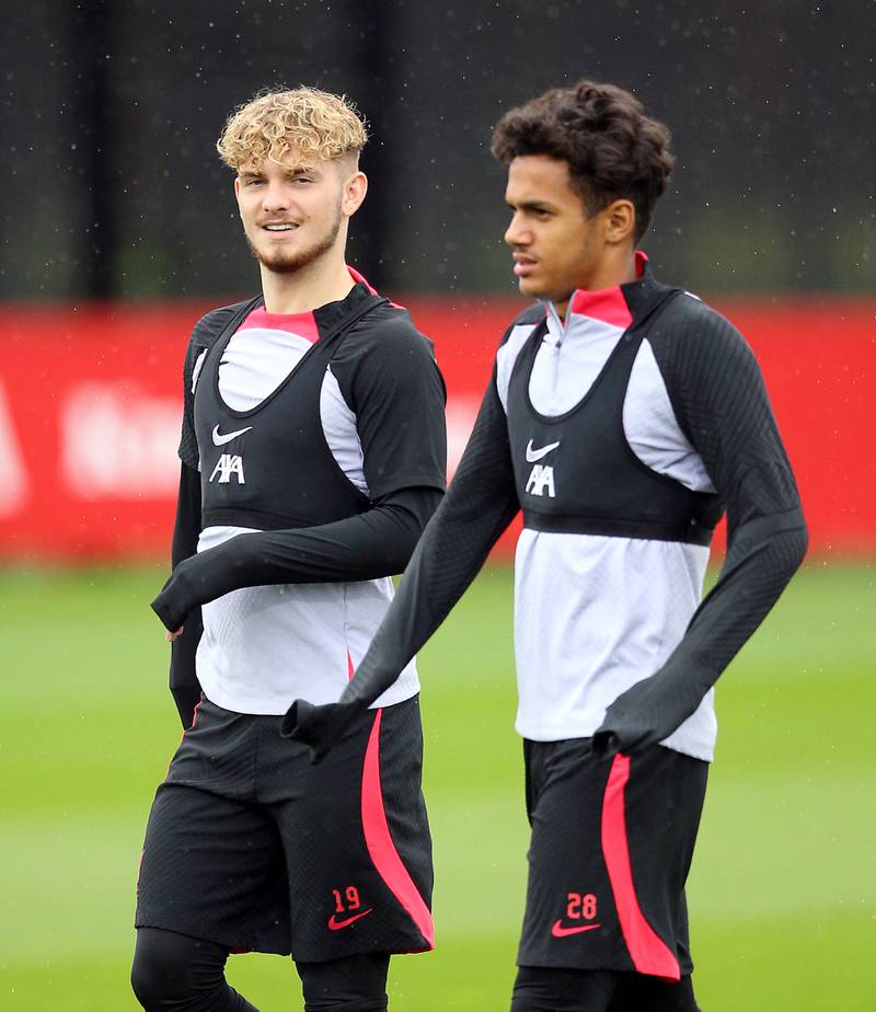Liverpool's Harvey Elliott, left, and Fabio Carvalho during training on the eve of the Ajax game. PA