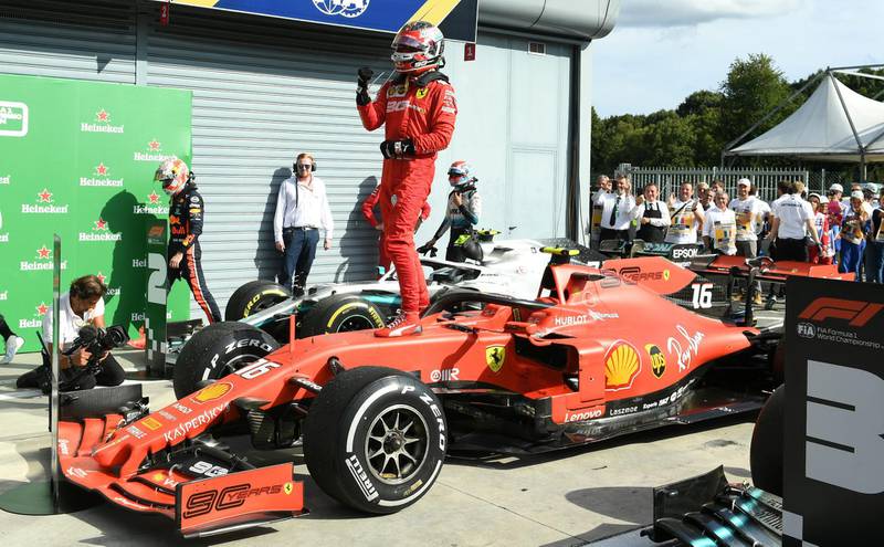 Formula One F1 - Italian Grand Prix - Circuit of Monza, Monza, Italy - September 8, 2019   Ferrari's Charles Leclerc celebrates winning the race   REUTERS/Jennifer Lorenzini