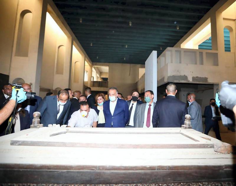 Prime Minister Mustafa Al Kadhimi tours Mosul Museum during a visit to the city six years after ISIS captured it. Iraqi PM Media Office HO