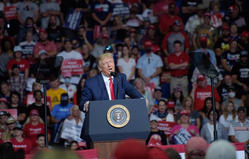 US President  Donald Trump speaks during a rally inside the BOK Centre in Tulsa, Oklahoma. EPA