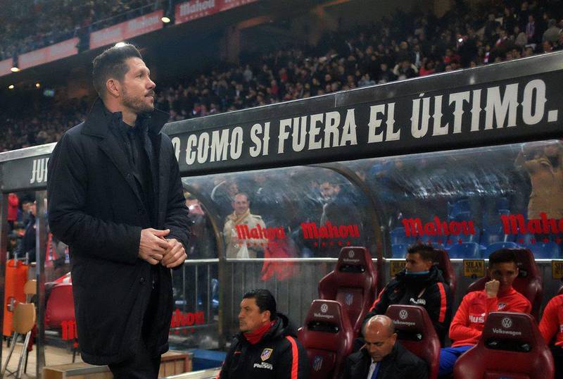 Manager Diego Simeone of Club Atletico de Madrid takes his place on the players bench ahead of the La Liga match between Club Atletico de Madrid and RC Deportivo La Coruna at Vicente Calderon Stadium on March 12, 2016 in Madrid, Spain. (Photo by Denis Doyle/Getty Images) 