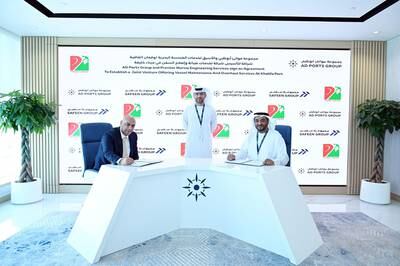 From left: Hemant Tandon, managing director of Premier Marine Engineering Services and Capt Ammar Al Shaiba, acting chief executive of the maritime cluster and Safeen Group at AD Ports Group, sign an agreement forming the Safeen Drydocks joint venture. Wam