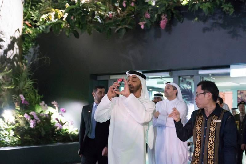 SINGAPORE, SINGAPORE - February 28, 2019: HH Sheikh Mohamed bin Zayed Al Nahyan, Crown Prince of Abu Dhabi and Deputy Supreme Commander of the UAE Armed Forces (L) tours Garden by the Bay. Seen with HE Khaldoon Khalifa Al Mubarak, CEO and Managing Director Mubadala, Chairman of the Abu Dhabi Executive Affairs Authority and Abu Dhabi Executive Council Member (back C) and Felix Loh, Chief Executive Officer of Gardens by the Bay (R).
( Eissa Al Hammadi for the Ministry of Presidential Affairs )
---