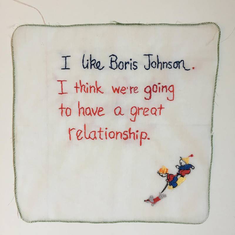 The UK version of the project (@tinypricksprojectuk) focuses on UK Prime Minister Boris Johnson and his relationship with Trump. Work by Diana Weymar. Courtesy Tiny Pricks Project 