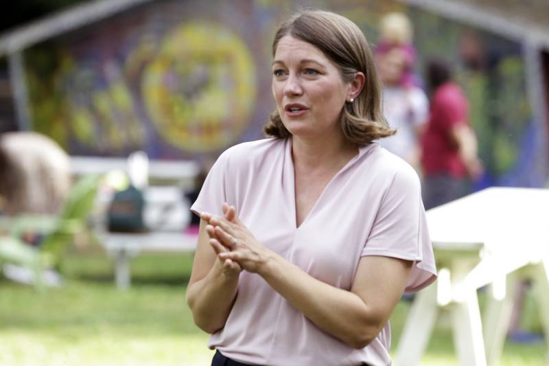 Democratic US House candidate lieutenant governor Molly Gray speaks to voters in Middlesex, Vermont. AP