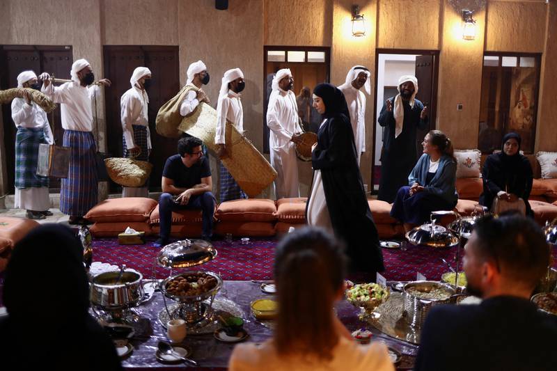 Emirati performers present Ramadan folklore to a group of visitors at the Sheikh Mohammed Centre for Cultural Understanding in Dubai, where customs and practices of the holy month were explained.