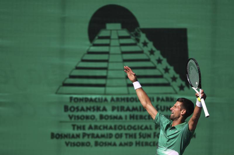 Serbia's Novak Djokovic reacts while playing an exhibition match against Croatia's Ivan Dodig in Visoko, Bosnia. AP Photo 
