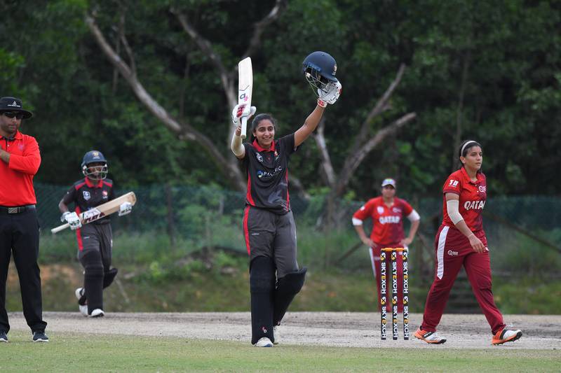 Esha Oza celebrates after reaching a century against Qatar at the ACC Women's T20 Championship in Malaysia. Photo: Malaysia Cricket Association