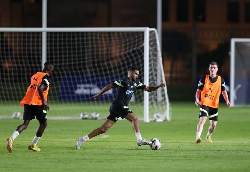 Manchester City winger Riyad Mahrez on the ball during training.