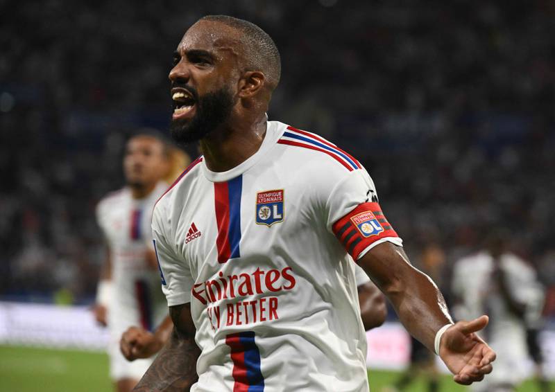 Lyon's French forward Alexandre Lacazette celebrates after scoring his team's second goal during the 2-1 win over Ajaccio at The Groupama Stadium in Decines-Charpieu, central-eastern France, on August 5, 2022. AFP