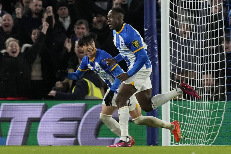 Brighton's Danny Welbeck celebrates after scoring the third goal in the 3-0  Premier League win against Liverpool at the Falmer Stadium on January 14, 2023. AP