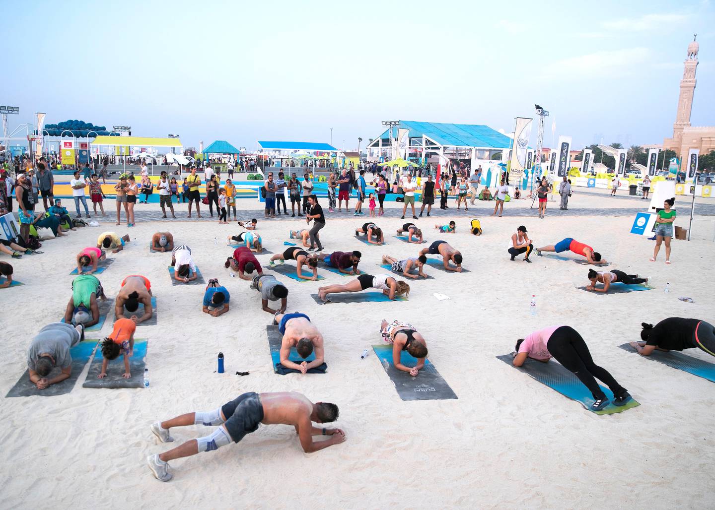 DUBAI, UNITED ARAB EMIRATES. 18 OCTOBER 2019. Kite Beach Fitness Village.The city launches the third edition of the Dubai Fitness Challenge (DFC) today with wide range of activities across the city that will be accessible to the entire Dubai community.   Here, Kites Beach is converted into a dedicated fitness village with different zones for free outdoor activities.(Photo: Reem Mohammed/The National)Reporter:Section: