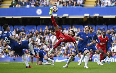 Liverpool's Luis Diaz goes for the spectacular. Reuters