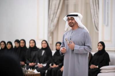 President Sheikh Mohamed delivers a speech on International Youth Day to an audience of young people. Photos: Rashed Al Mansoori / UAE Presidential Court