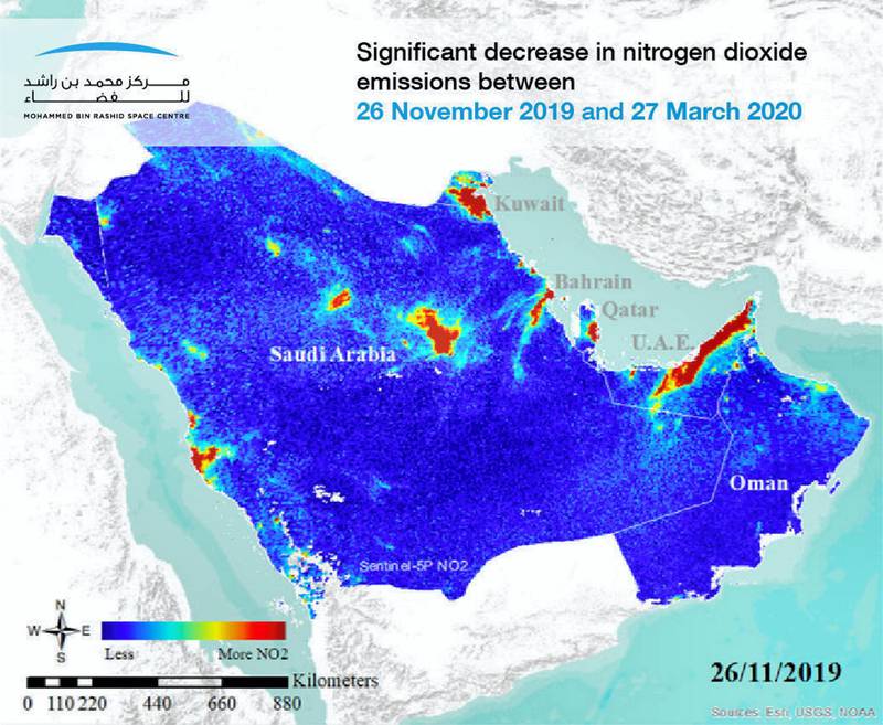 Mohammed Bin Rashid Space Centre (MBRSC) released a GIF image of the decrease in nitrogen dioxide (NO2) concentration in the GCC countries, between 26 November 2019 until 27 March 2020. courtesy: MBRSC