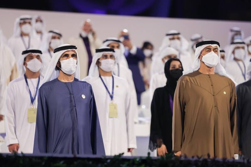 Sheikh Mohammed bin Rashid, Vice President and Ruler of Dubai, and Sheikh Mohamed bin Zayed, Crown Prince of Abu Dhabi and Deputy Supreme Commander of the UAE Armed Forces, at the Expo 2020 opening ceremony. Photo: Expo 2020 Dubai