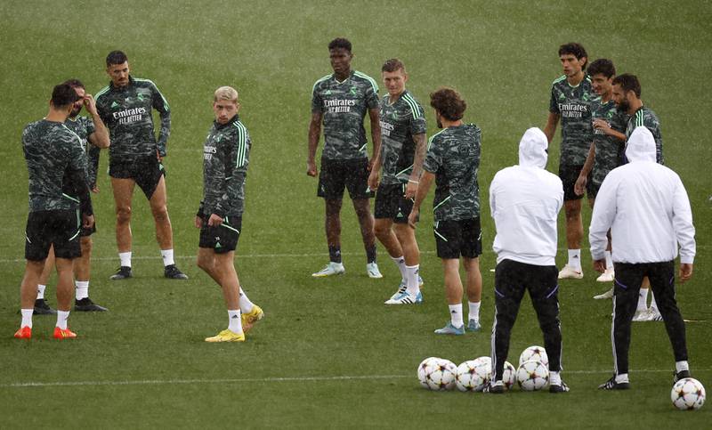 Real Madrid midfielder Federico Valverde training with teammates. Reuters
